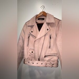 Zara Blush Suede Moto Jacket | Cropped Biker | Belted | Zip Cuffs Size Medium🩷